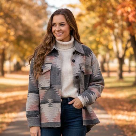 La Miel Aztec Patterned Button-Up Jacket - Picture 1 of 12